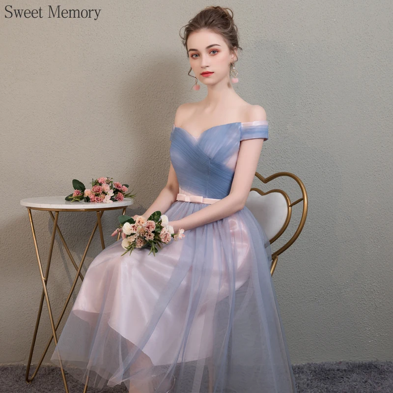 Reject Return Sweet Memory M79 Bridesmaid Dresses Mid-length Grey Blue Tulle Mesh Net And Pink Satin Wedding Party Evening Dress