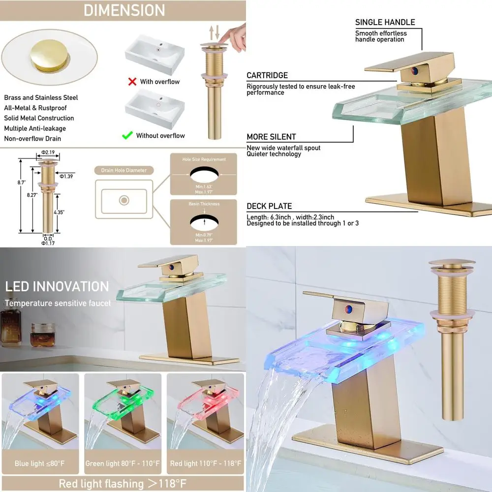 

Brushed Gold Single Hole Bathroom Sink Faucet with Metal Drain and 2 Water Lines, Open Spout Design
