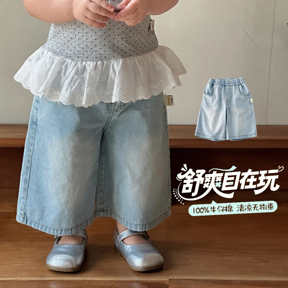 

2026 New Girls Summer Denim Shorts Loose Wide Leg Washed Thin Casual Soft Jean Shorts Toddler Kids Daily Outdoor Wear 0-5Y