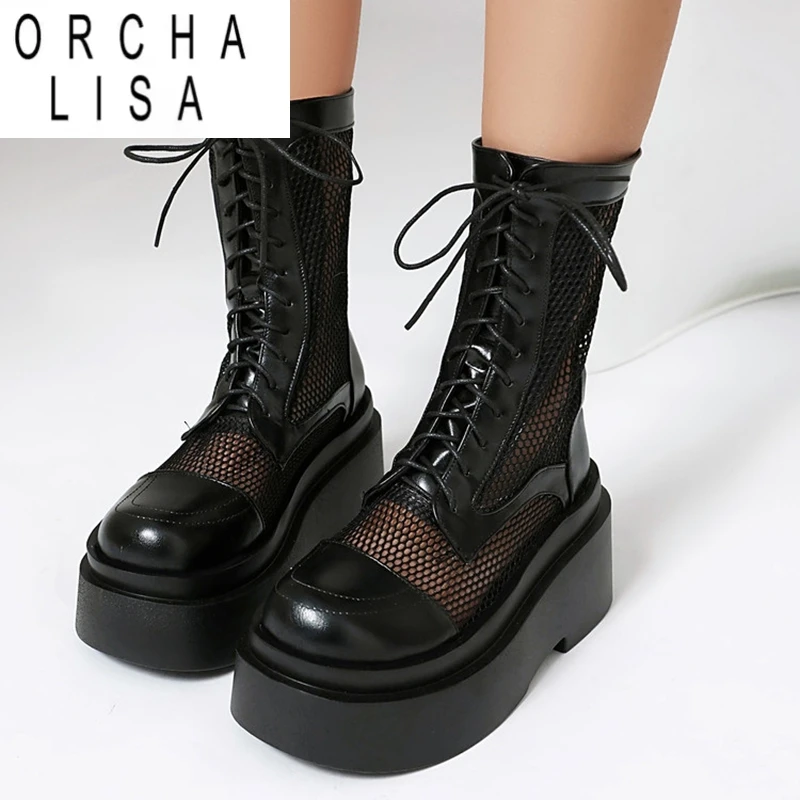 

ORCHA LISA Punk Summer Boots 5cm High Platform 8cm Heel MeshHot Breathable Comfort Strap Up Women Shoes Big Size 44 Black