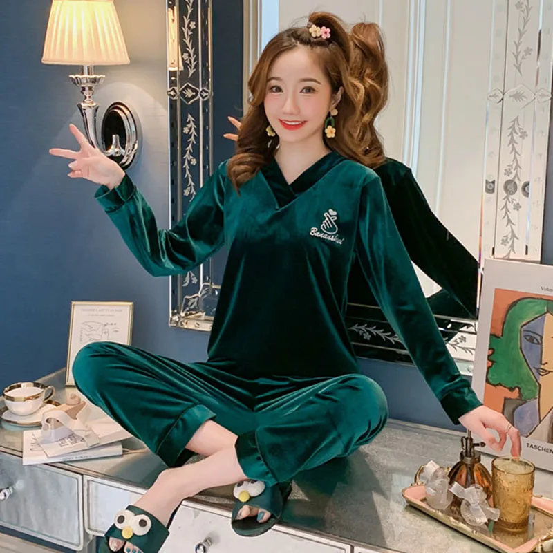 Oversize Velvet Pajama Sets Spring Womens Loose Long Sleeve Loungewear Suits Sleepwear Casual Pants Nightwears 2 Piece Conjunto