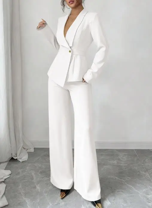 

Spring and Autumn Solid Color Collar Slim Fit Waist Suit Jacket and High Waist Straight Leg Pants Set for Women's Commute Set