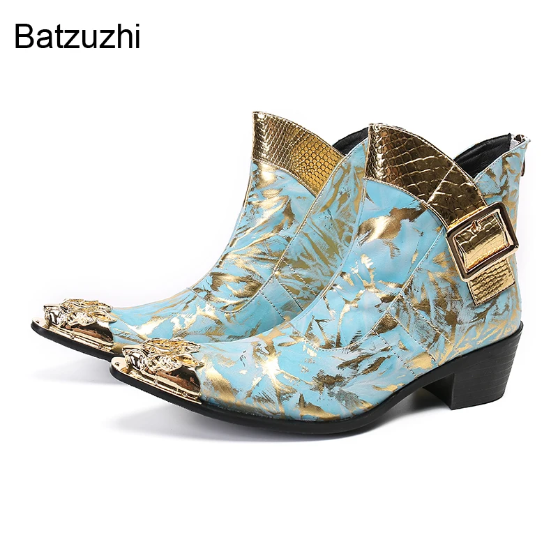 Batzuzhi Light Blue Genuine Leather Boots Men Luxury Handmade Men's Boots Golden Iron Toe Ankle 6.5cm Heels Party Boots! 38-46