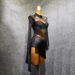 Women Dancing Performance Latin Dress Ballroom Samba Tango Long Sleeve Patchwork Tassel Latin Dance Dress