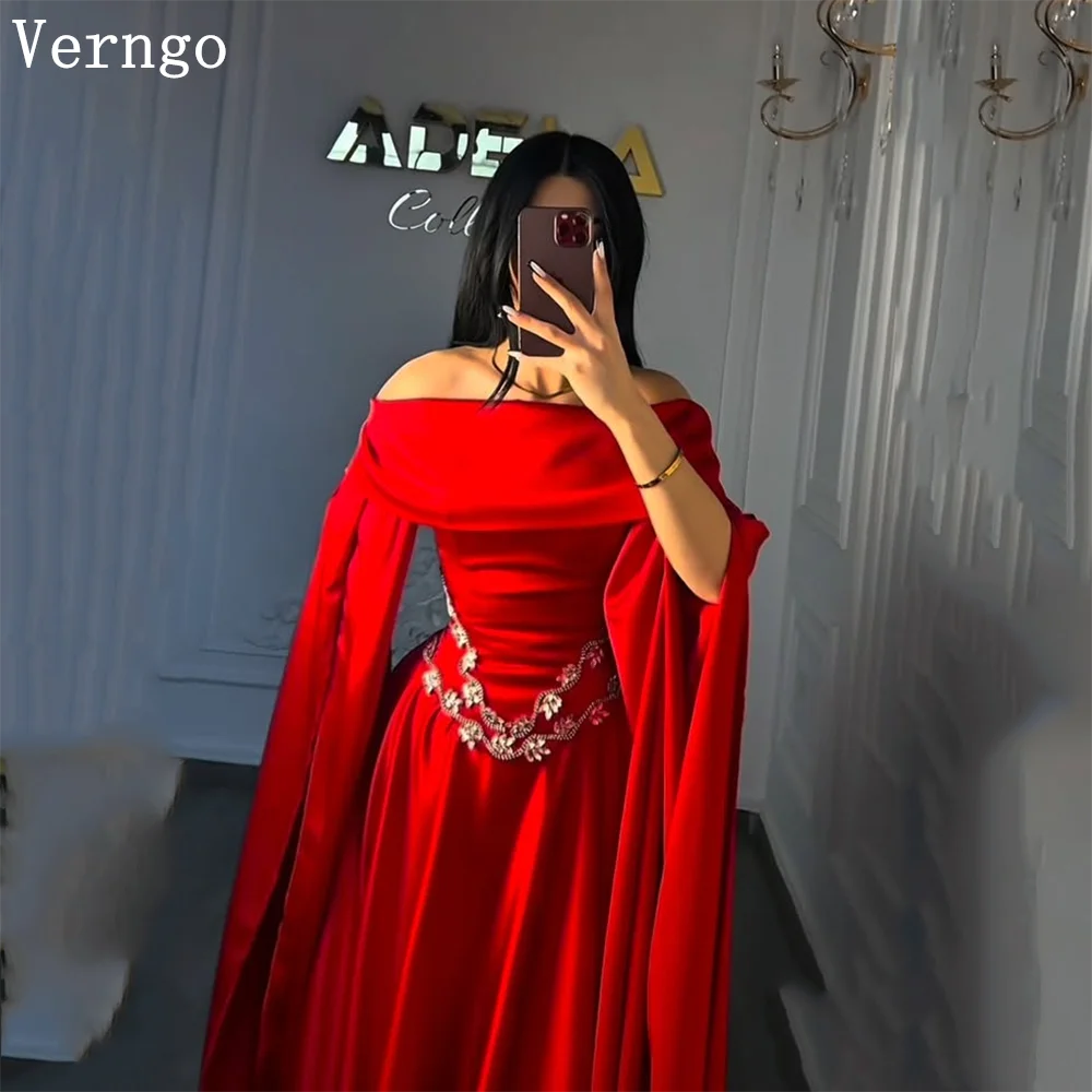 

Verngo Red Crepe Evening Dress Sequined Off The Shoulder A Line Formal Dresses Elegant Maxi Prom Party Dresses Customized