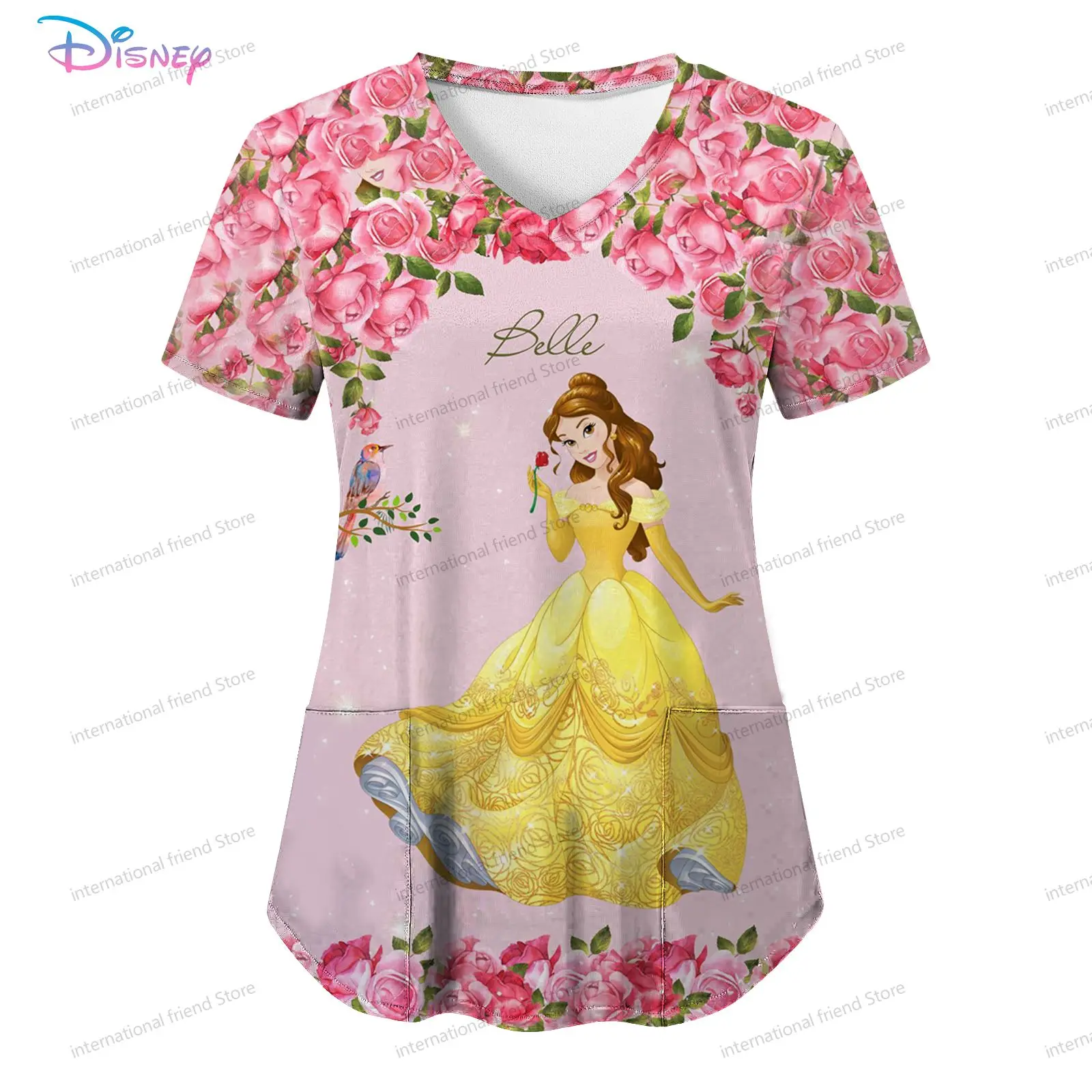 Disney Princess Damska koszulka pielęgniarki z dekoltem w szpic Letnia nowa sukienka Odzież damska 2024 Tanie topy Y2k S-2XL Kawaii Tops