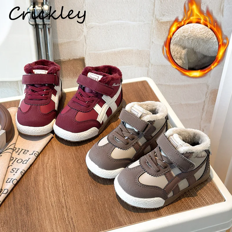 

Детская повседневная обувь в стиле пэчворк из искусственной кожи, зимние плюшевые теплые кроссовки для мальчиков и девочек, высокие кеды с крючками и петлями для малышей, детская спортивная обувь, ботинки