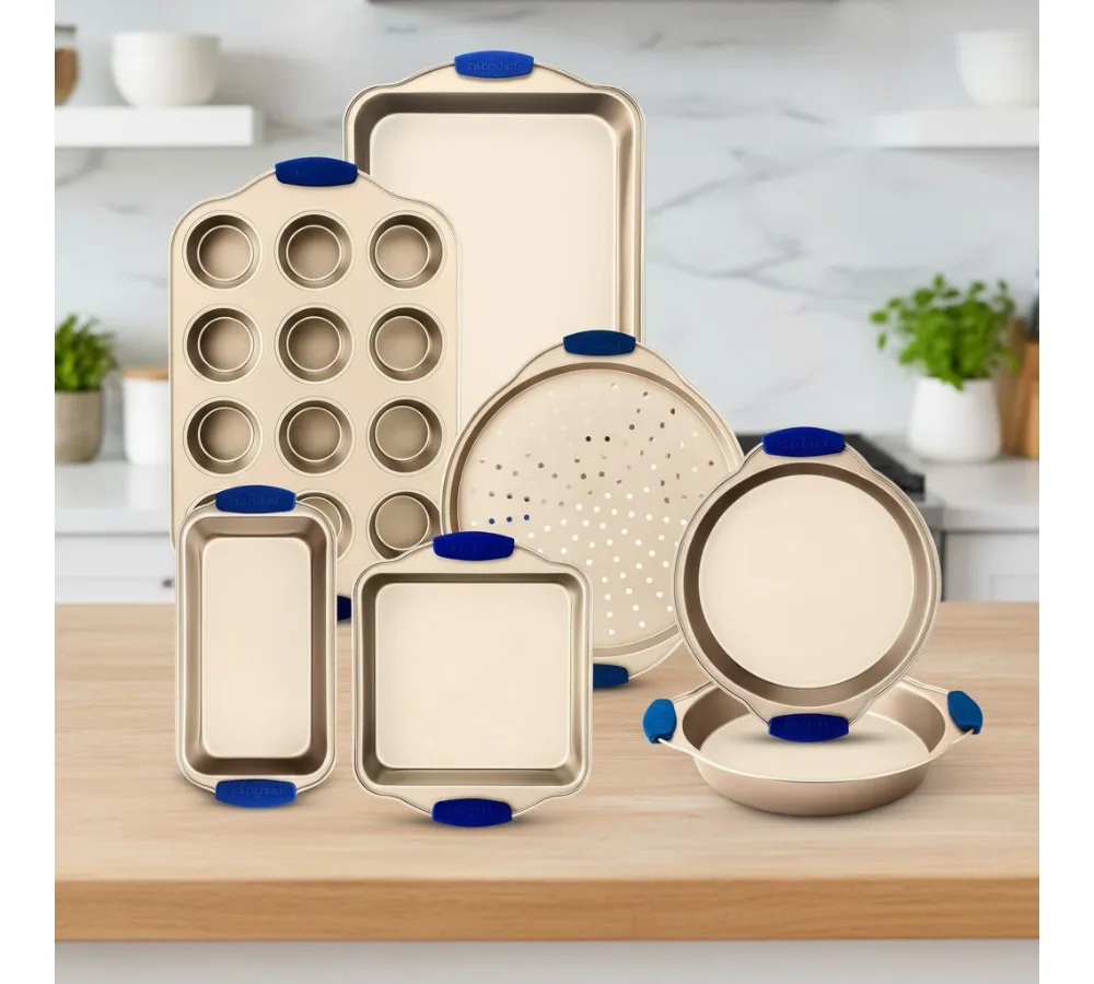 

8-Piece Nonstick Bakeware Set - Carbon Steel Baking Pans with Blue Silicone Handles, Oven Safe 450°F
