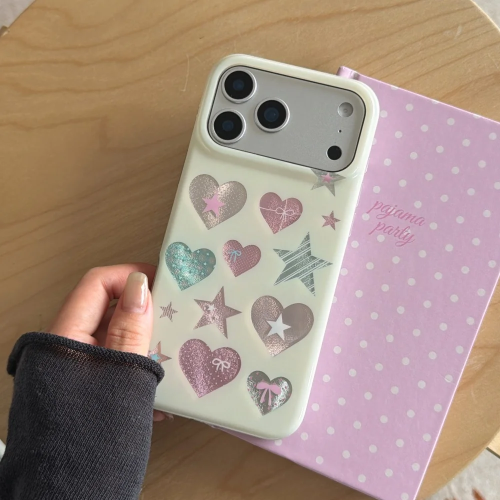 

Cute Holographic Heart Case iPhone17ProMax 17Pro 16Max 16 15, Cream Gloss Shell Y2K Glitter Anti-scratch Shockproof Girls Cover