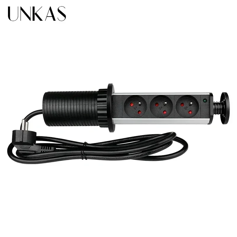 16A PULL POP UP 3 Power EU Socket New Black Color Port Kitchen Table Desktop Sockets Retractable Countertops French Plug