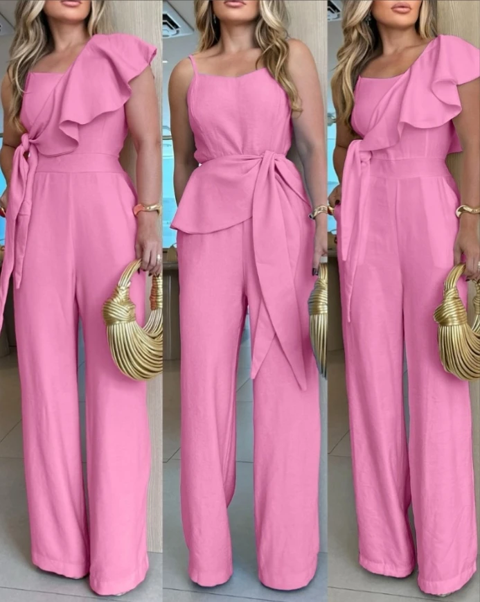 V-neck slim shoulder strap ruffle edge lace up detail jumpsuit