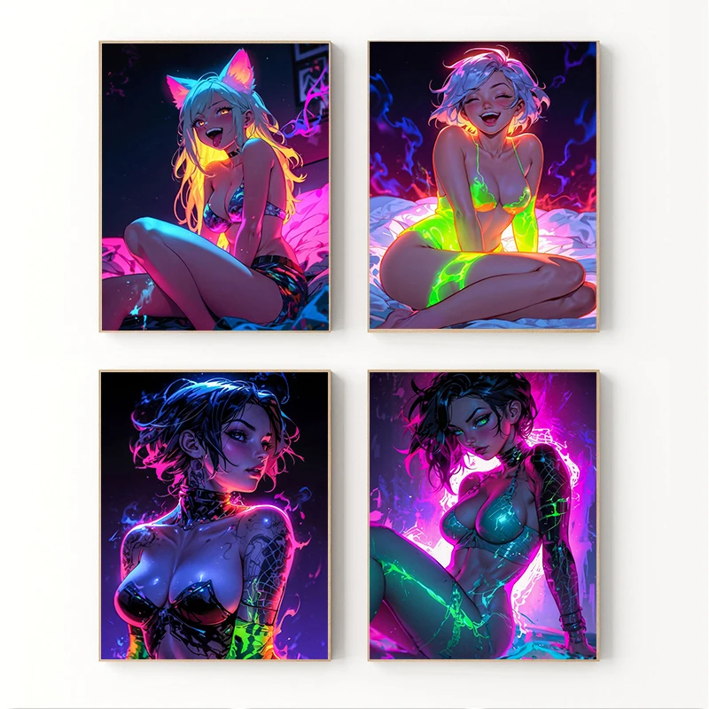 شعبية لطيف مثير الحلو أنيمي أضواء النيون الملونة جرلي الملصقات قماش الطباعة صور فنية للجدران غرفة المعيشة ديكور المنزل الهدايا #2