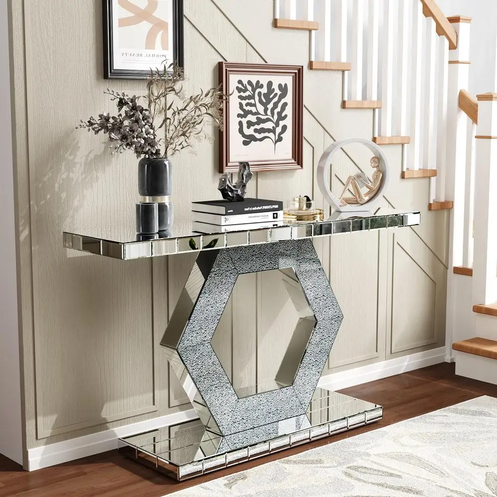 Mesa de console com espelho hexagonal de cristal com camada dupla de 55 polegadas moderna entrada de hall lux diamante vidro espelhado