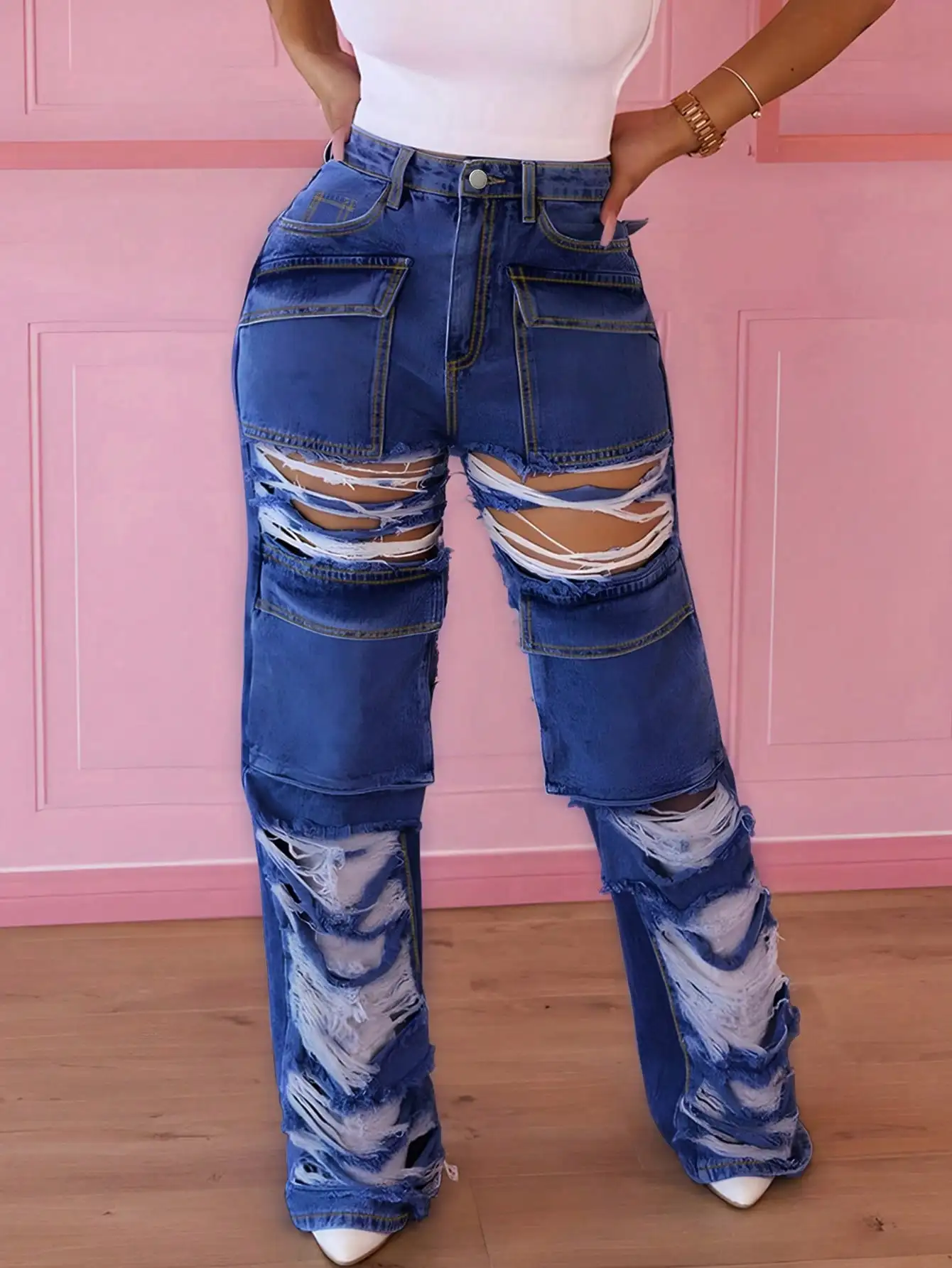 

Y2K Street High Waist Washed Flap Pocket Ripped Raw Cargo Pants Daily Casual Pants