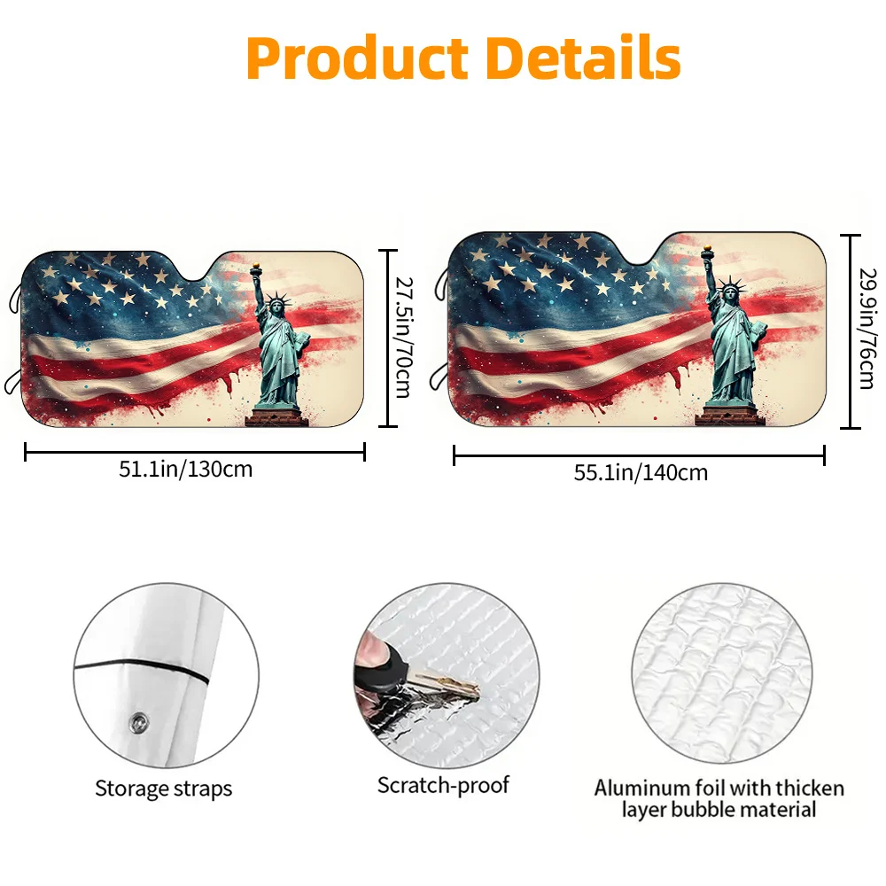 2D Flat Printed Car Sun Visor, Vintage Flag Statue of Liberty Car Sunshade, US Independence Day 250th Anniversary