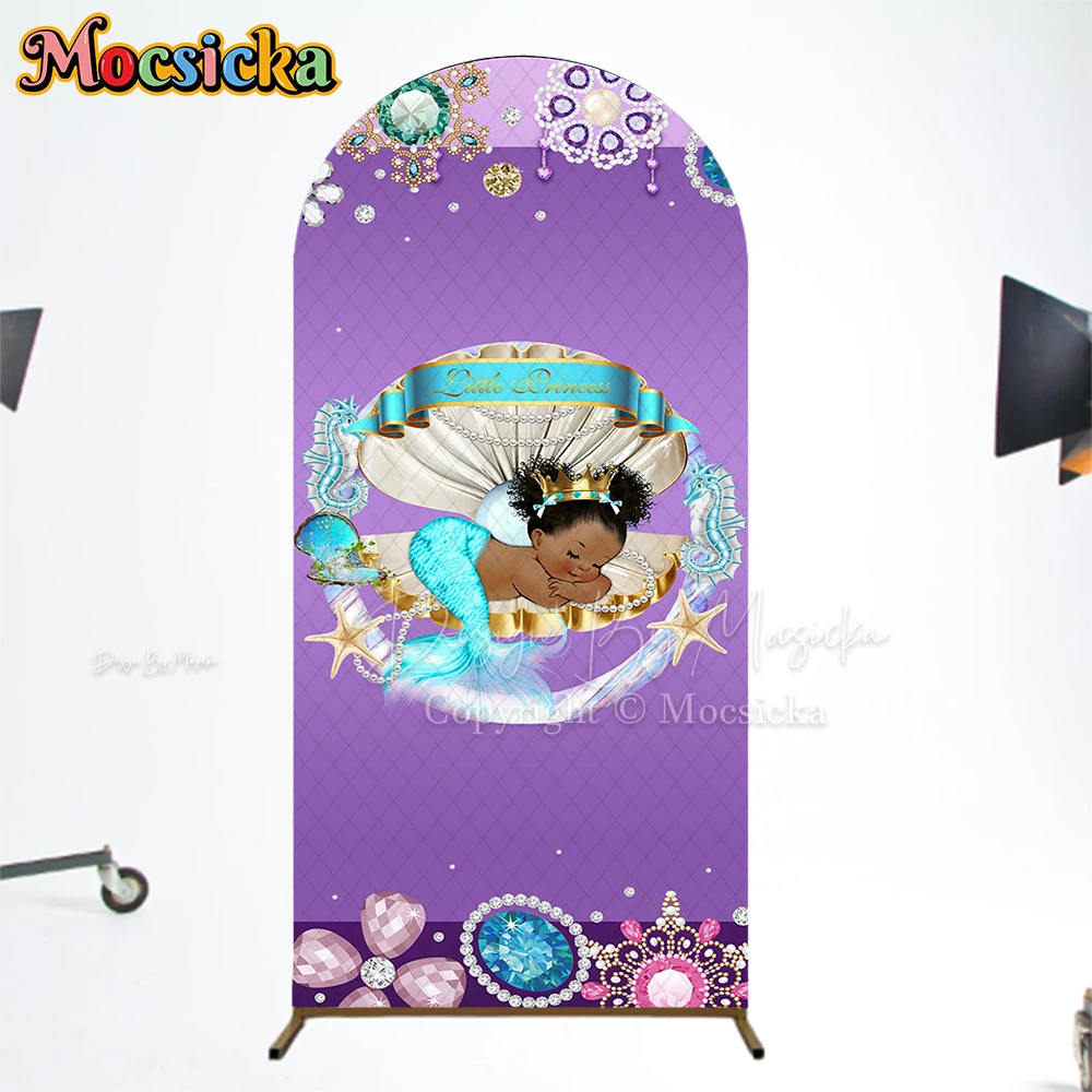 Mocsicka Purple Mermaid Arch Covers Backdrop Baby Birthday Photo Arched Background Pearl Diamond Fish Scale Decor Shooting Props