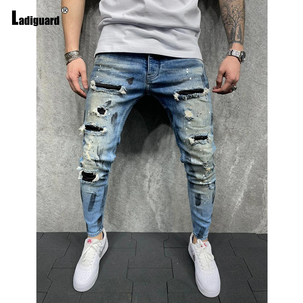 

Sexy Cut Out Jeans Denim Pants Men Casual Skinny Demin Street wear 2024 European and American style Fashion Hole Ripped Trouser