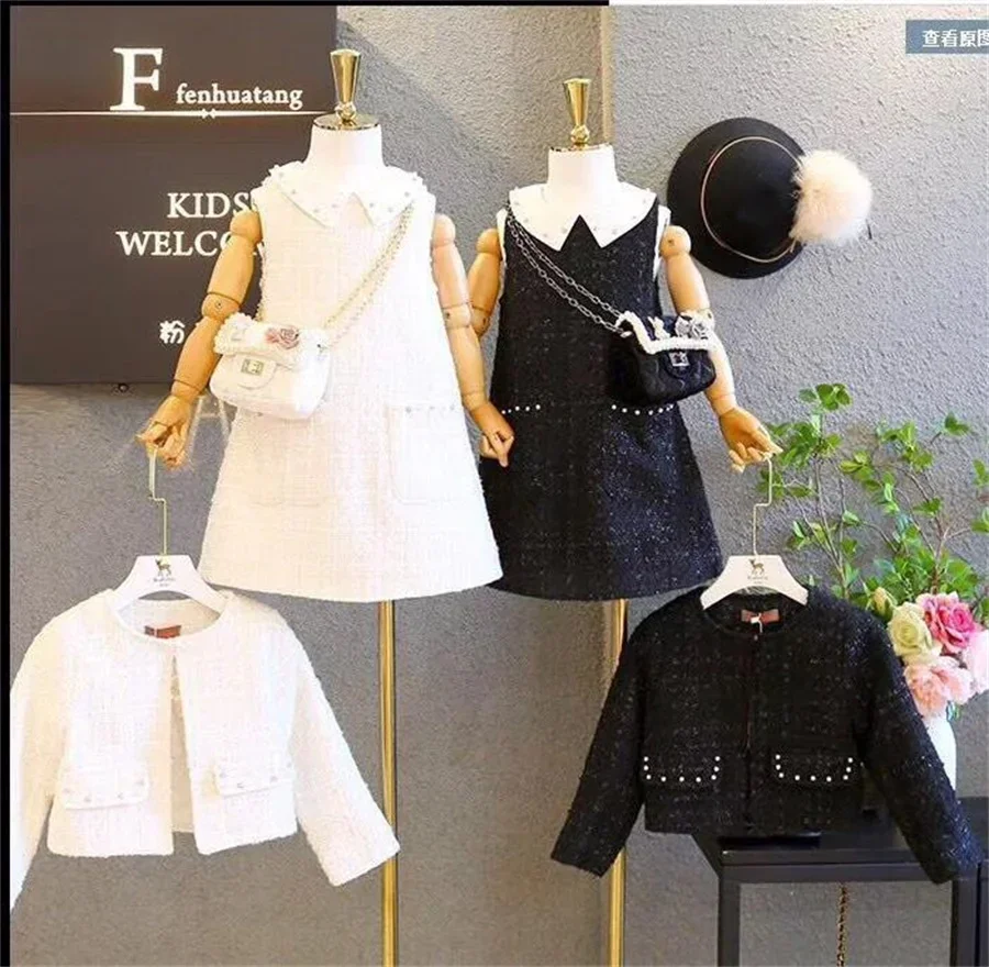 Sweet Outfits Kids Girls Clothes Sets Autumn Winter Children Beading Coat+Dress Vintage Princess 2pcs Outfits Suit 3-12 yrs