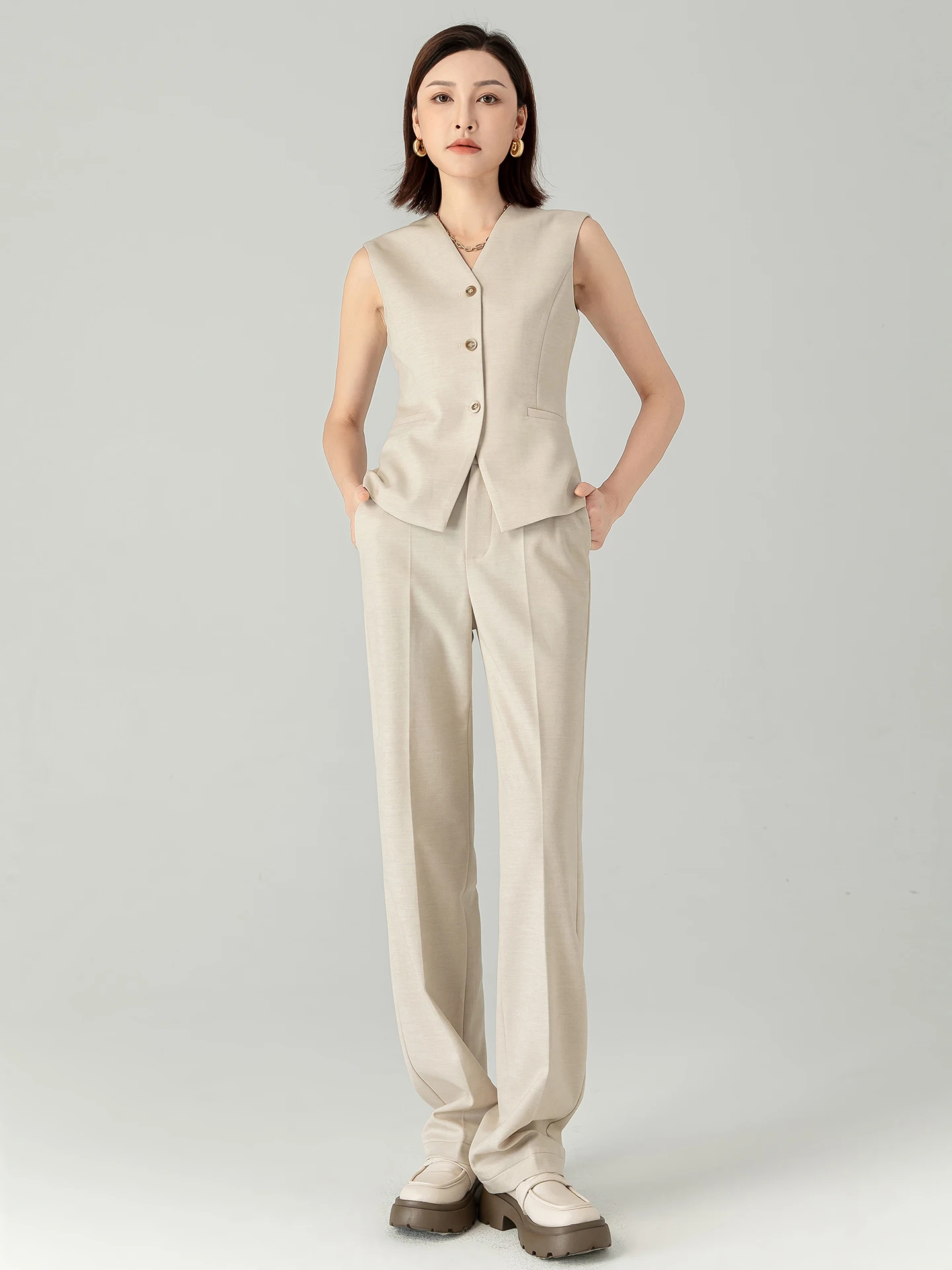 

Ele шерстяной костюм, жилет и прямые брюки, комплект футболок, женские облегающие длинные брюки, ансамбль, модный повседневный деловой костюм