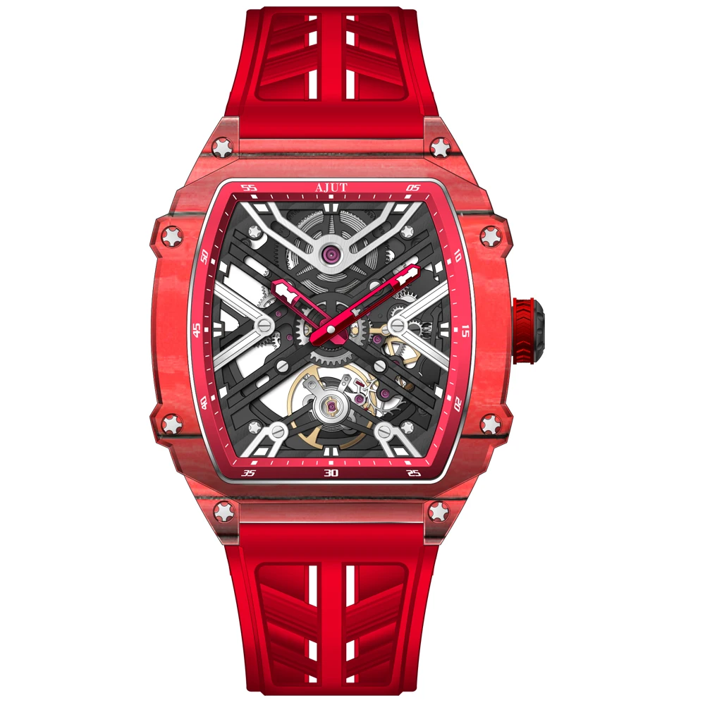 ساعات أوتوماتيكية من AJUT للرجال بحركة ميكانيكية من ألياف الكربون ساعة هيكل عظمي للرجال فاخرة عالية الجودة 0519