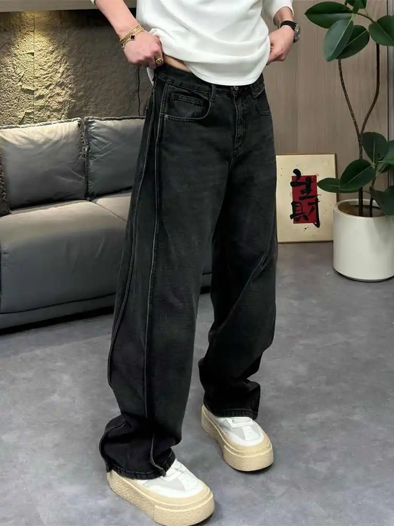 Autumn Winter High Street Zipper Splicing Design Sense Jeans Men's Trendy Brand Loose 2026 Washing Water Wide Leg Straight Pants