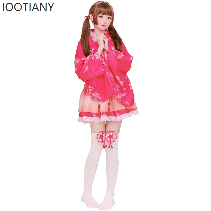 Iootiany Costumi Cosplay Anime giapponesi Dolce fresco Kimono multicolore Costumi per spettacoli teatrali per feste in maschera di Halloween