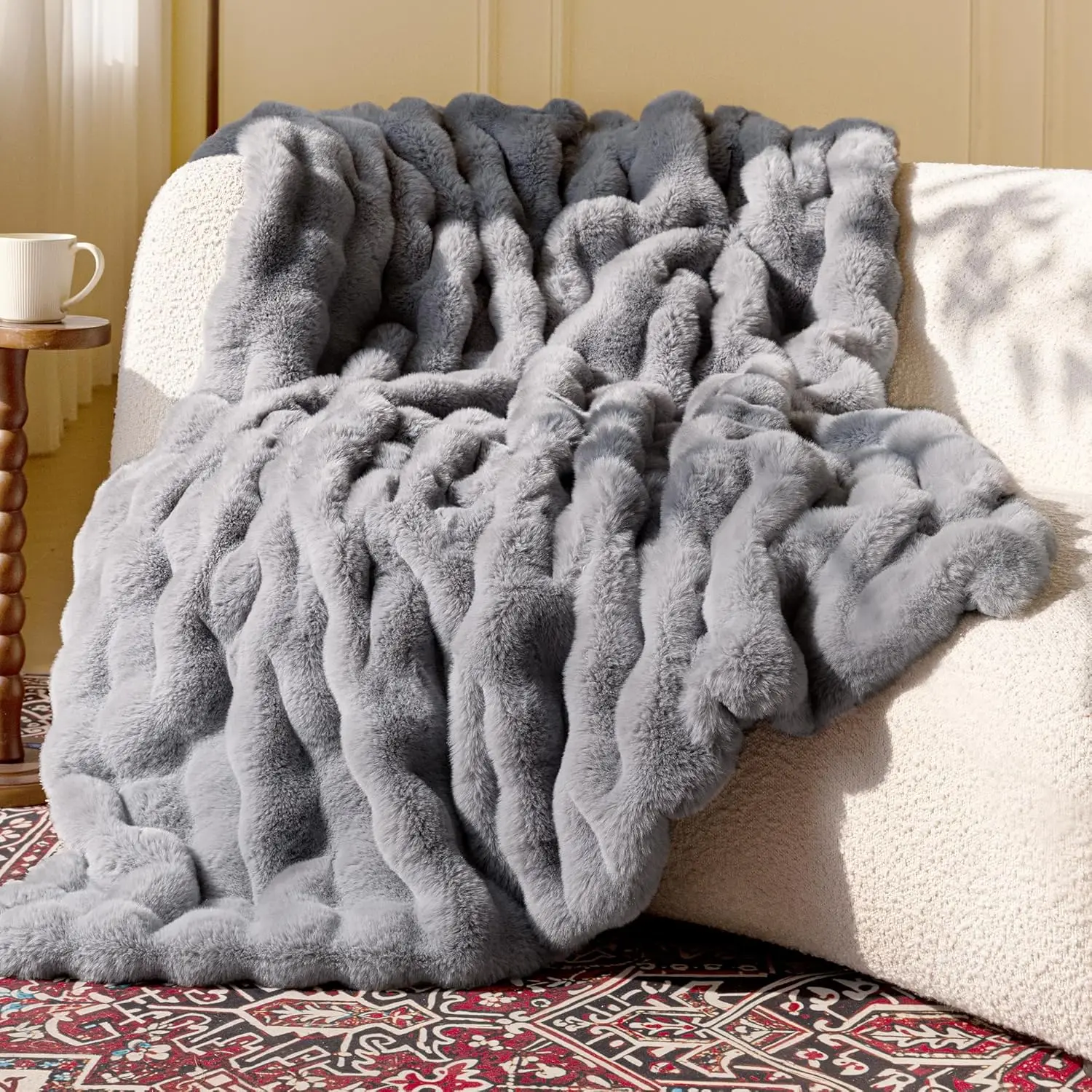 

Ultra Soft Cozy Faux Fur Throw Blanket, Fluffy Plush for Couch and Bed, Light Grey 50x60 Inches
