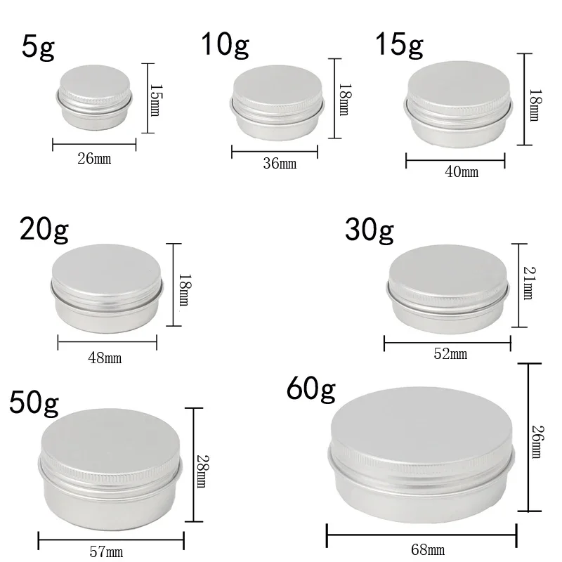 Latas de aluminio plateadas vacías, 100 piezas, 5g-60g, cierre de rosca, latas redondas de Metal para cosméticos, lápiz labial, velas de especias