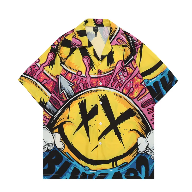 New Men's Shirt Smile Logo Print Loose Hip Hop Party Club Wear Summer Harajuku Breathable Button Men Yellow tshirt Clothing