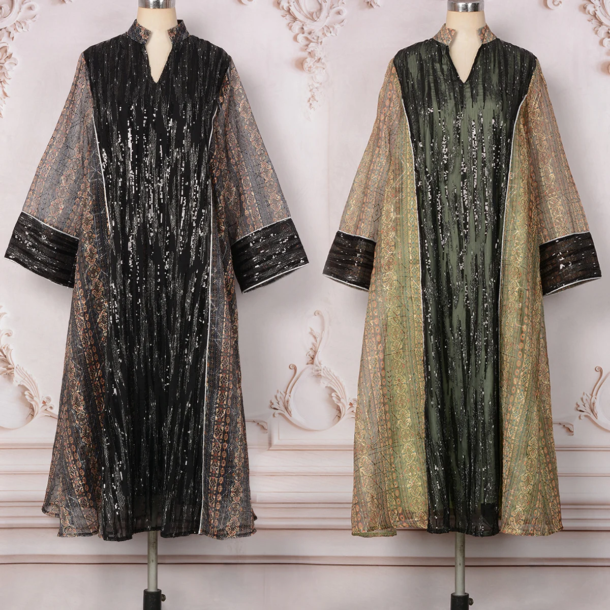 

Ramadan Eid Evening Party Events Women Midi Arabic Dress Jalabiya Dubai Gulf Dresses-Silver Piping, All-Over Sequins and Print