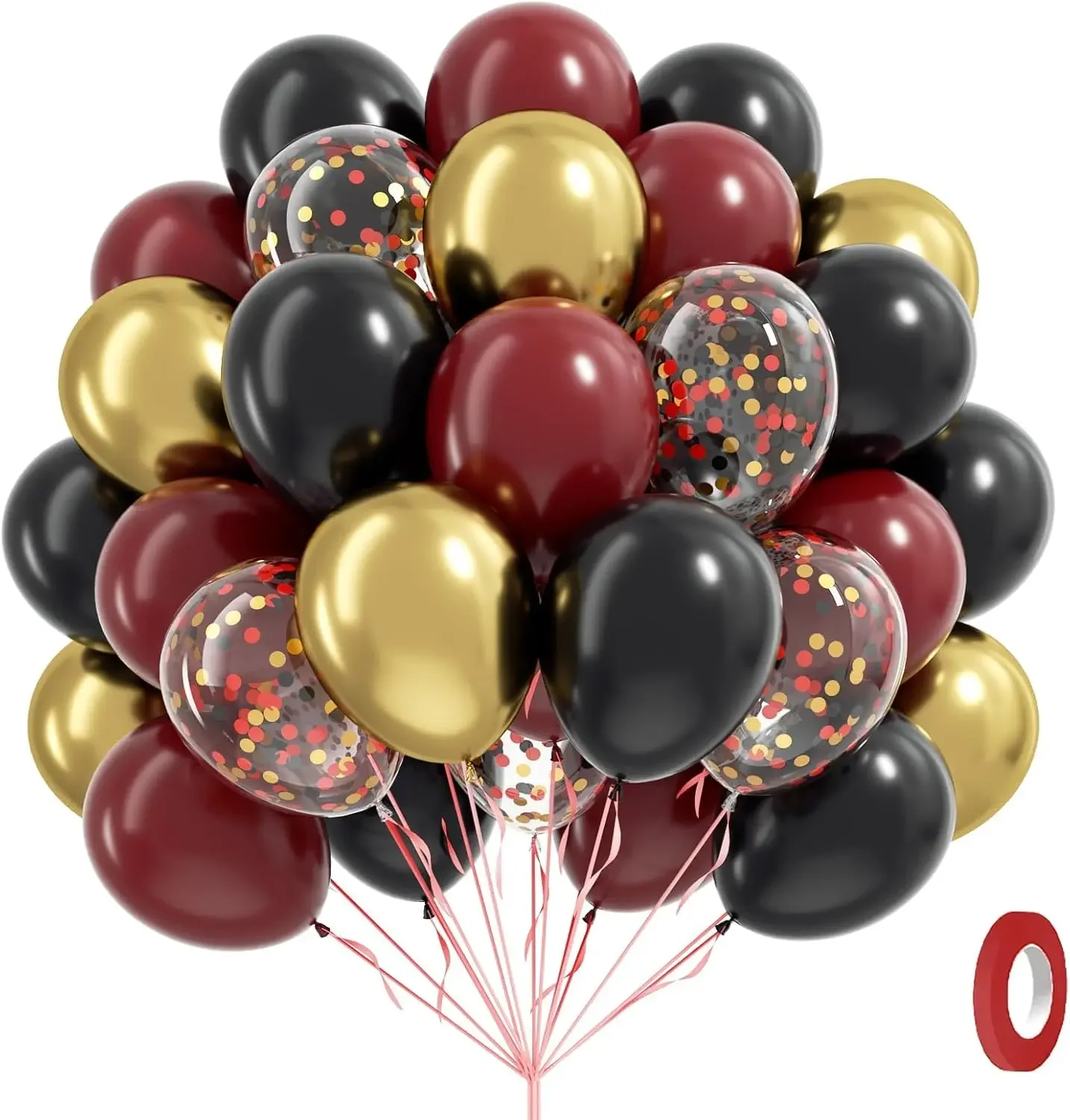 60pcs 12inch Black Burgundy and Gold Balloons with Gold Red Black Confetti Balloons for Maroon Magic Themed Birthday Decorations