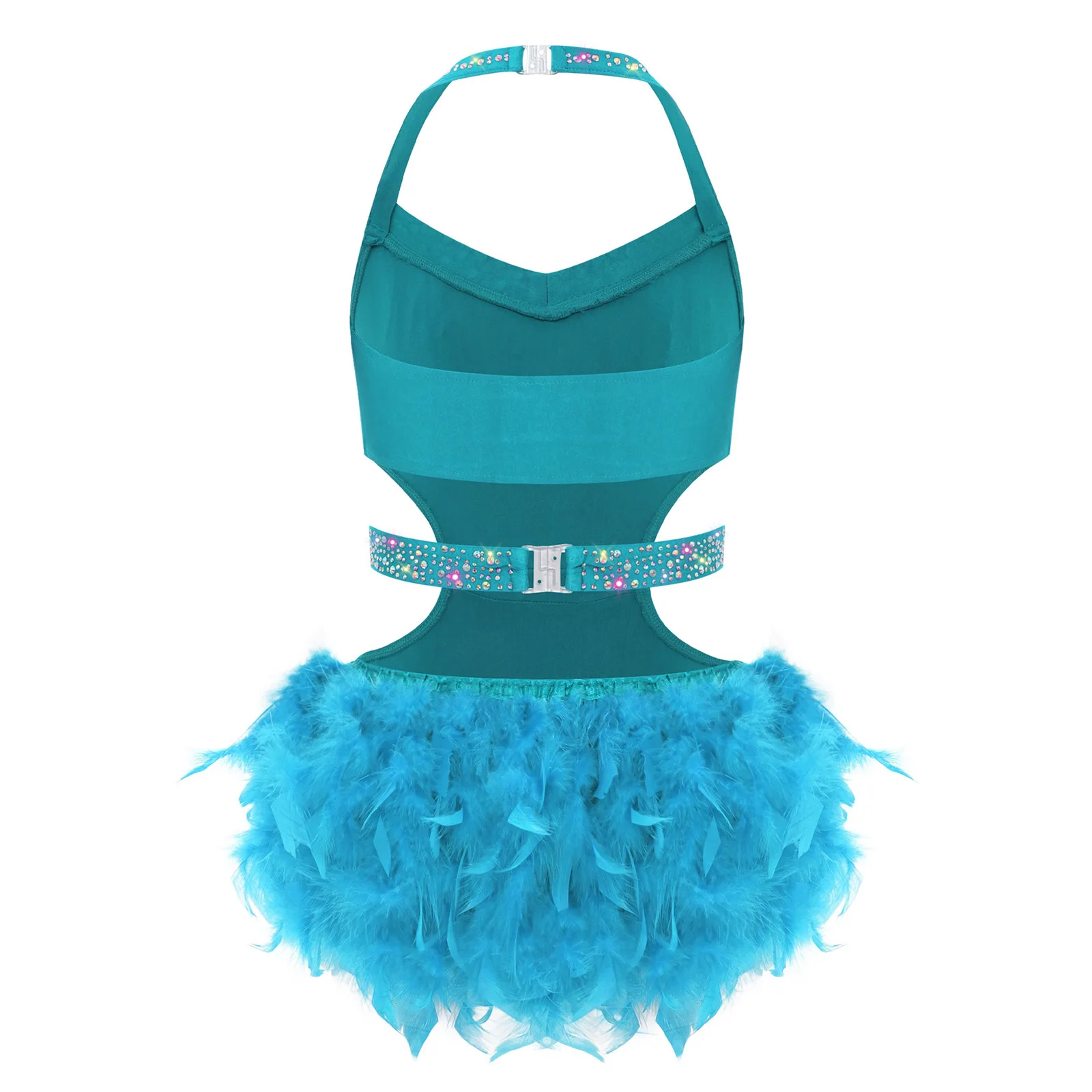 Feather Latin Dance Dress Girl Kids Sleeveless Cutout Skating Ballet Leotard Dresses For Dancing Sparkly Performance Costume