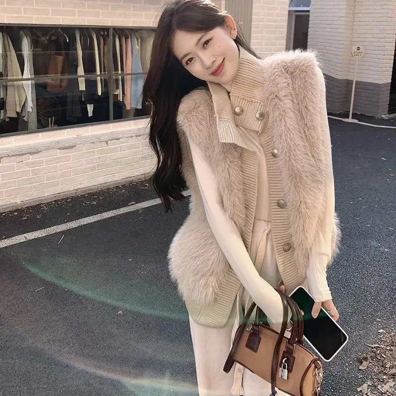 

Stand Collar Single Breasted Straight Thick ElegantCasual 2025 Winter Women Faux Mink Fur Vest Coat Knitted Spliced Vests Solid