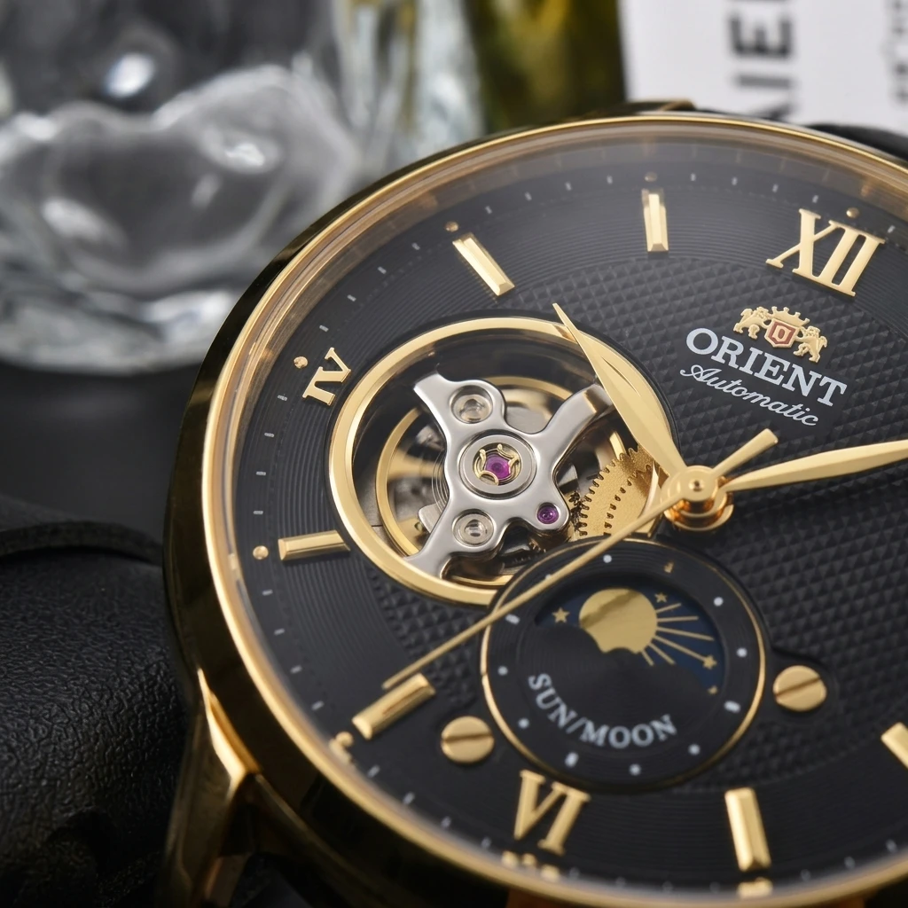 Orient Skeleton Moon Phase Men Automatic Watch Roman Numerals Leather Strap Waterproof Dress Wristwatch view 5