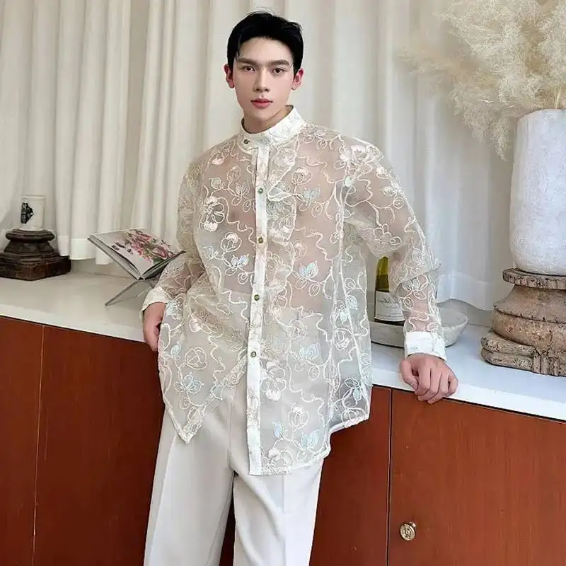 LUZHEN 2025 Summer Clothing Embroidery Pattern Men's Perspective Stylish Sunscreen Handsome Long Sleeve Stand Neck Shirts JY7737