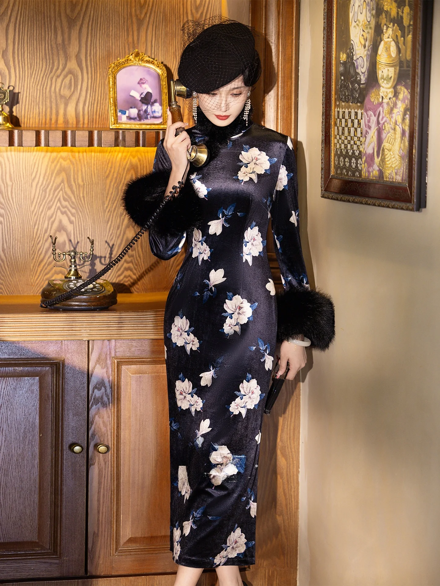 

New Chinese Sle Bla Long Sve Luxury High End Evening Gown Vintage anghai Par Low Slit Daily Wear Flag Robe