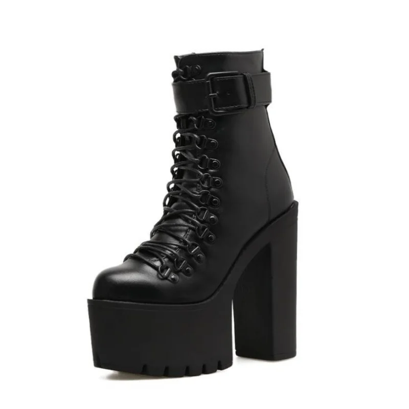 

Модные мотоциклетные ботинки, женские кожаные весенне-осенние туфли на высоком каблуке с металлической пряжкой, черные ботильоны на молнии, женские ботильоны со шнуровкой