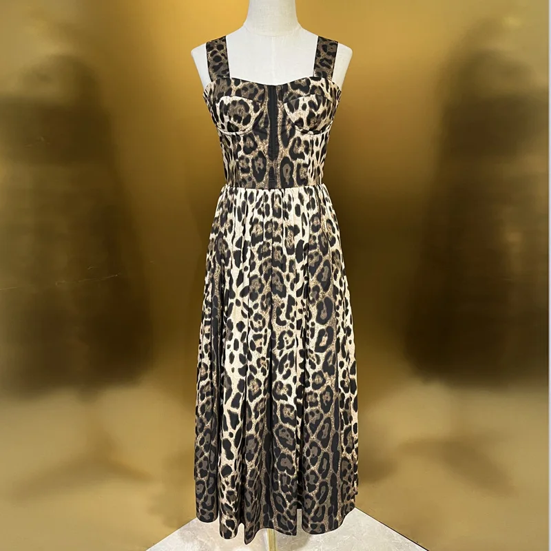 

Fashion Luxury Designer HIGH QUALITY Summer Women 100% Cotton Leopard Print Spaghetti Strap Backless Vintage Midi Dress 2024