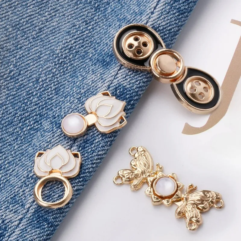 Tighten Pants Waist Buckle Women Jeans Reduce Waist Circumference Lotus Button Girls Skirt Tightened Snap Alloy Butterfly Brooch