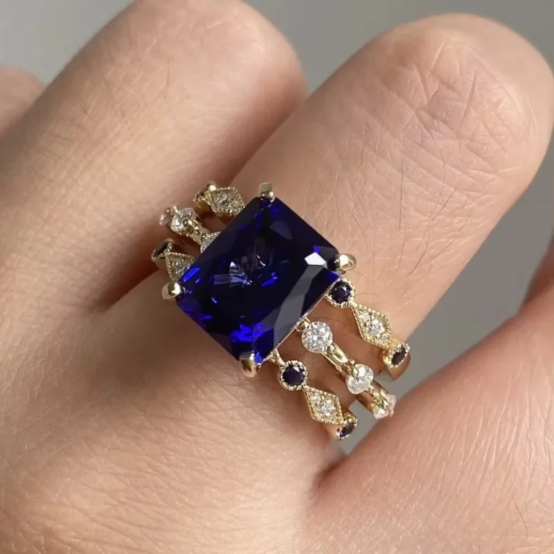 TEMU-Anillo de joyería azul para mujer, anillo de boda de moda europea y americana, superventas, nuevo conjunto