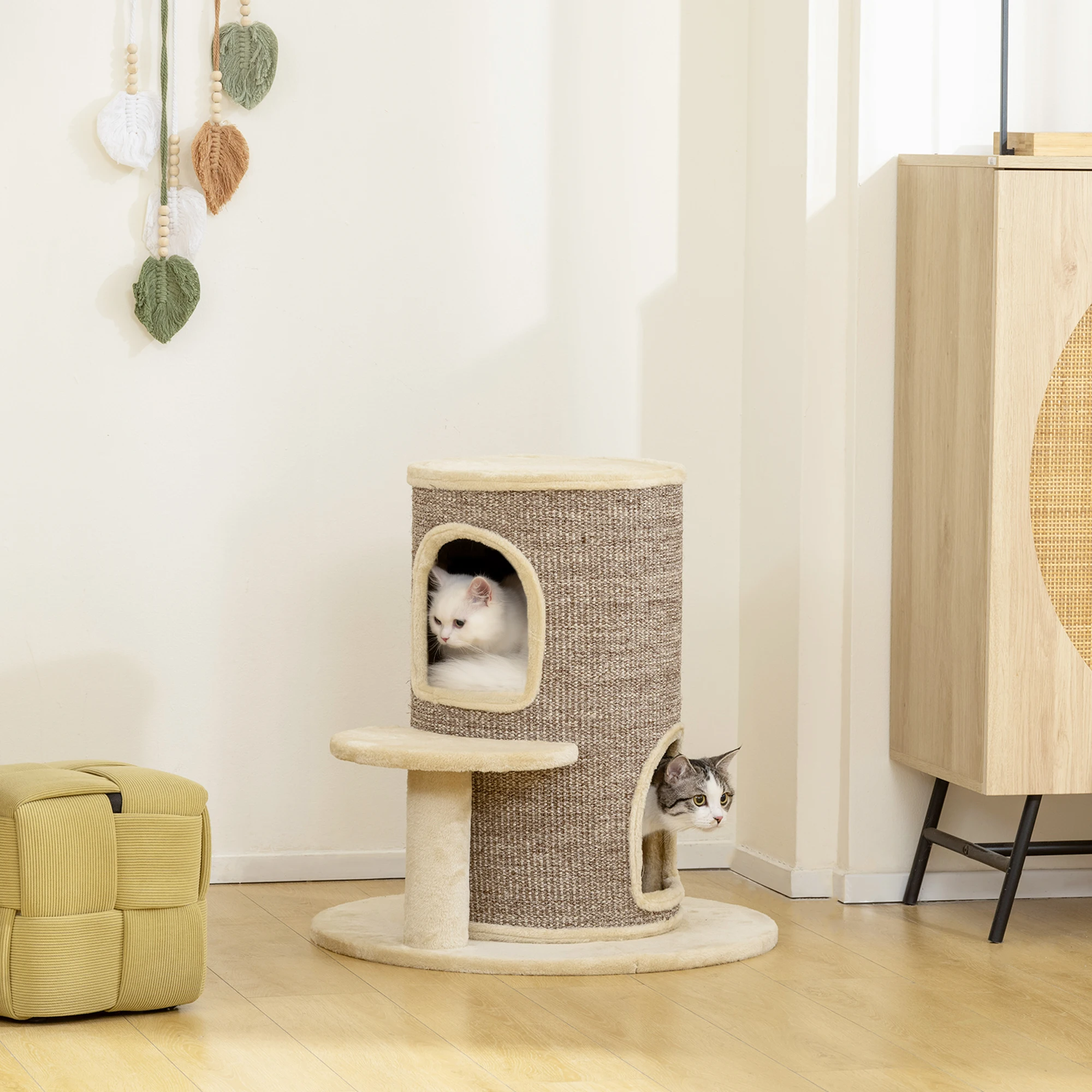 PawHut Cat Sun 61 cm de haut Cat Ton avec 2 grottes Beige