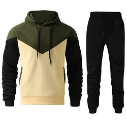 Autumn 2 Piece Set Men's y2k Fashion Patchwork Hooides Drawstring Sweatshirts+High Waist Jogger Sweatpants Sportwear Pant Sets