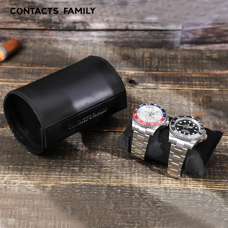 CONTACTS FAMILY Watch Storage Box Black Two Watch Roll Case Round Creative Leather Watch Box Outdoor Travel Handy Watch Holder