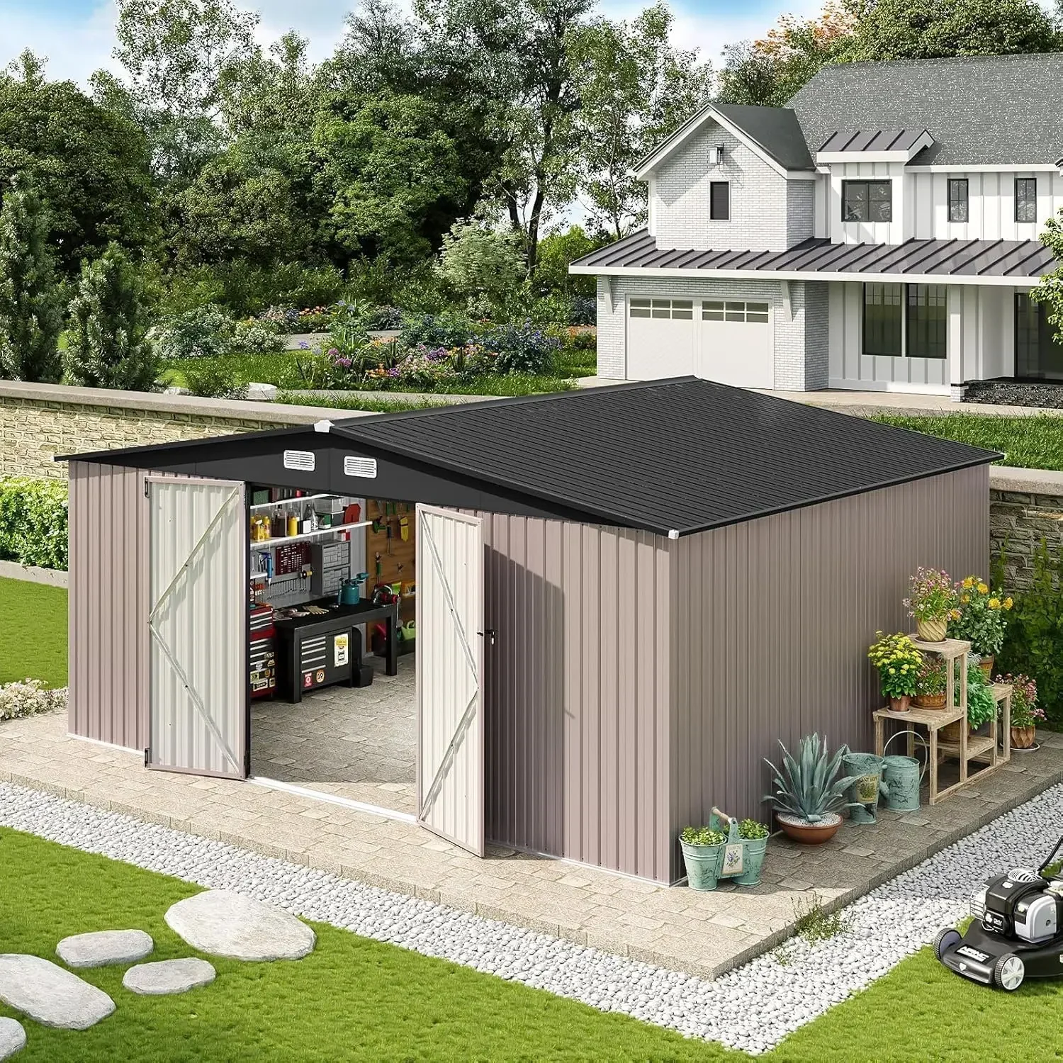 2 Large and Tall Doors, Utility Tool Shed Storage House with Lock, Metal Sheds with Sloped Roof for Patio Garden Lawn, Brown