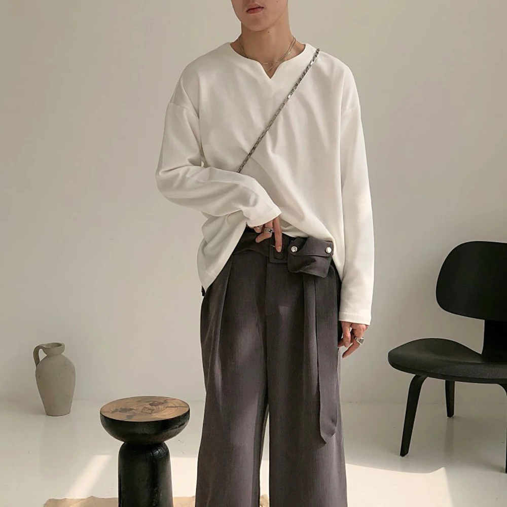 

Новая зимняя мужская однотонная футболка с длинным рукавом в корейском винтажном стиле, модная, повседневная, простая, свободная, дышащая мужская одежда