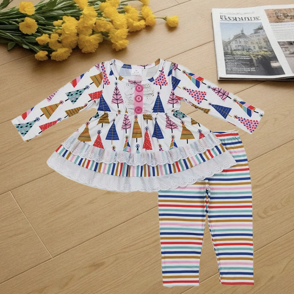 

9.25 Kids Winter Clothes For Girls Baby Girls Christmas Colorful Lace Tree Tunic Stripes Legging Clothing Sets