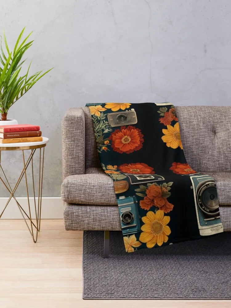 Vintage Lenses & Blooms: Retro Camera & Floral Fusion Throw Blanket Cute Soft Big Flannel Fabric Blankets