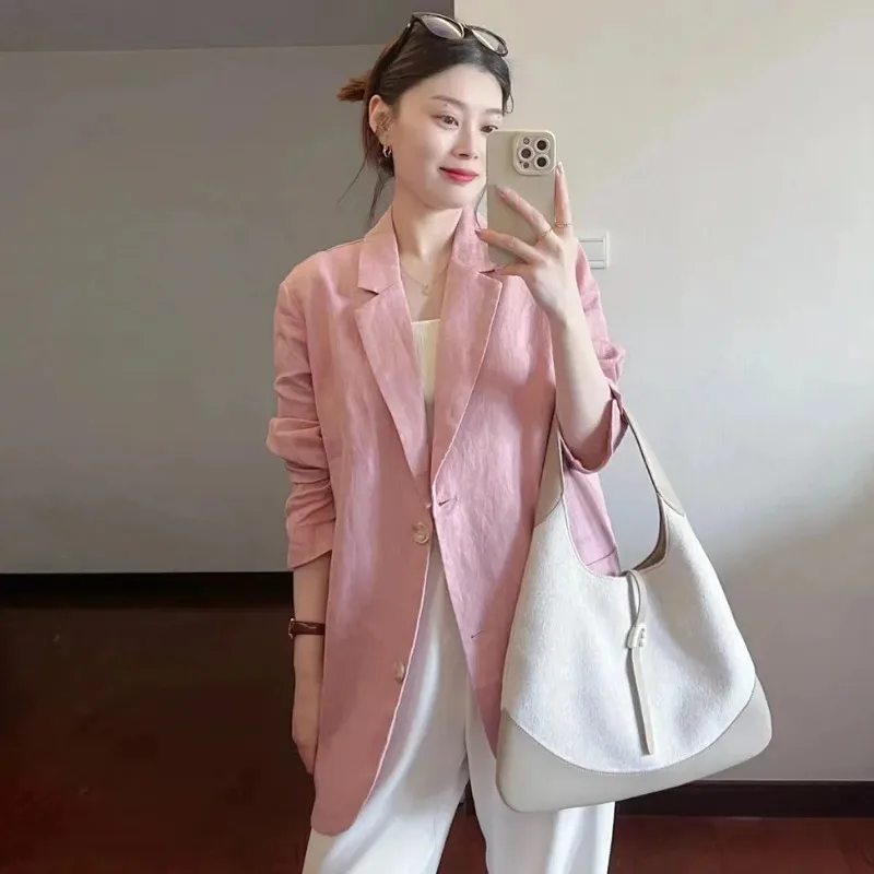 

Women's Cotton Linen Blazer Casual Long Sleeve Loose Fit Single Breasted Linen Jacket In Pink