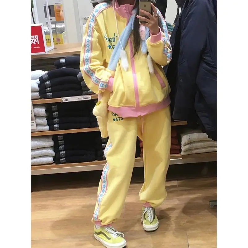 Y2k Yellow Set Women Vintage Varsity Jacket Sweatpants Streetwear Fashion Trousers Oversize Jogging College Suits Spring Autumn