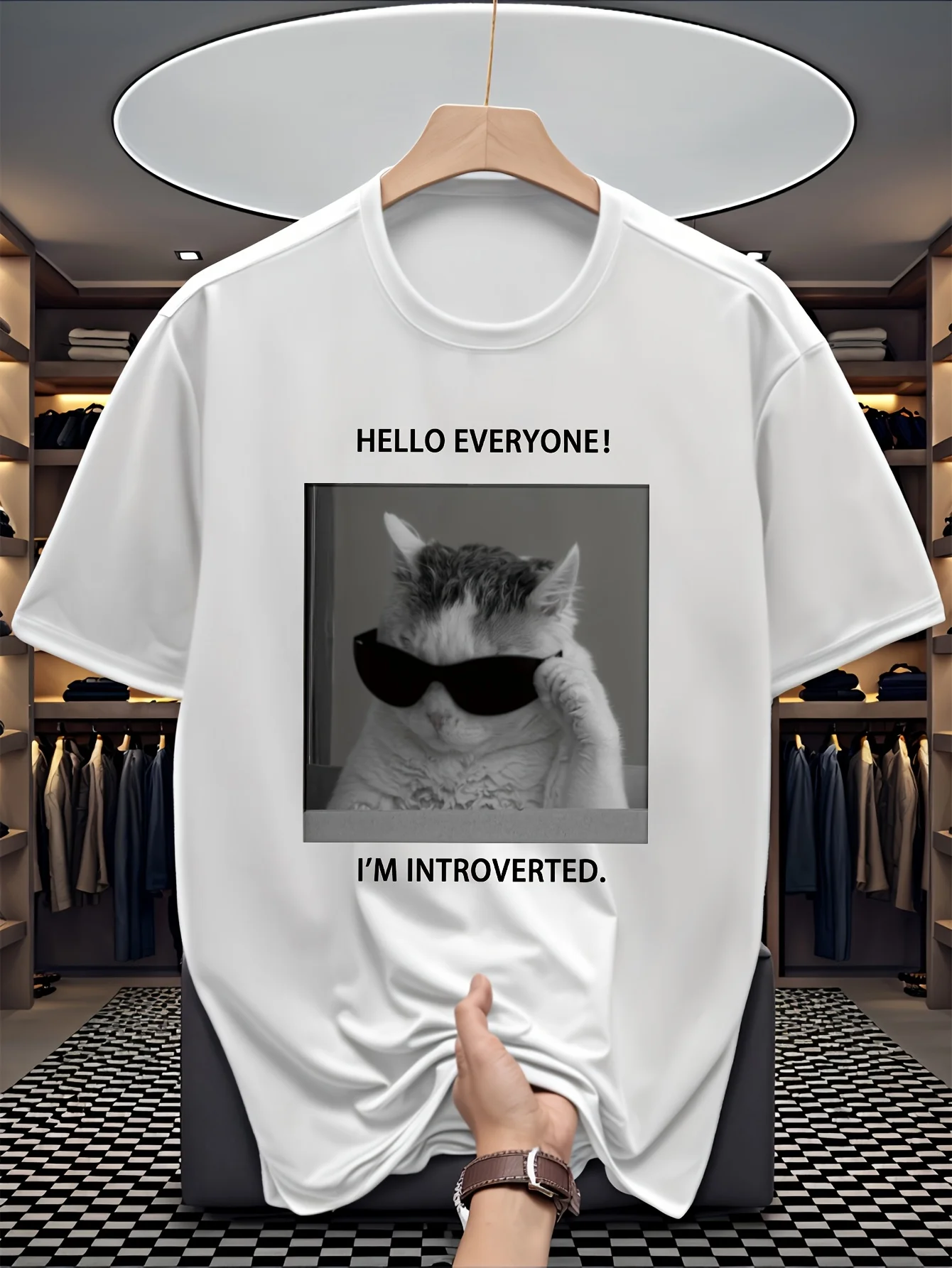 Funny Introverted Cat Photo Print Tee Casual 100% Cotton Men's T-shirt Summer Breathable Humorous Streetwear Lightweight Shirts